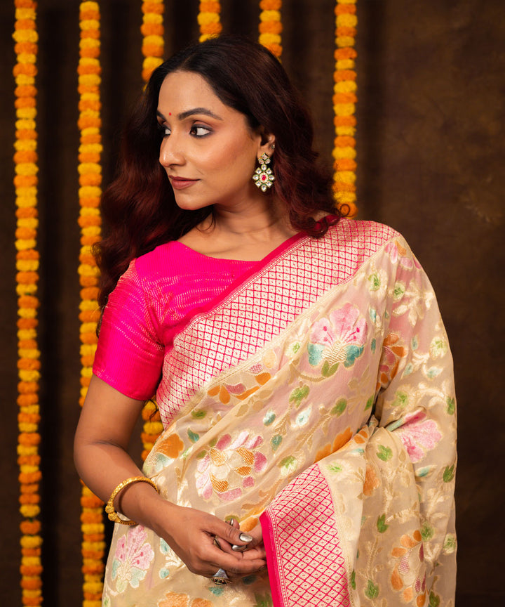 Beige pink silk handwoven banarasi saree