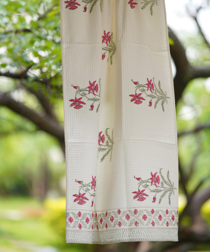 White red green border flower motifs hand block printed cotton towels