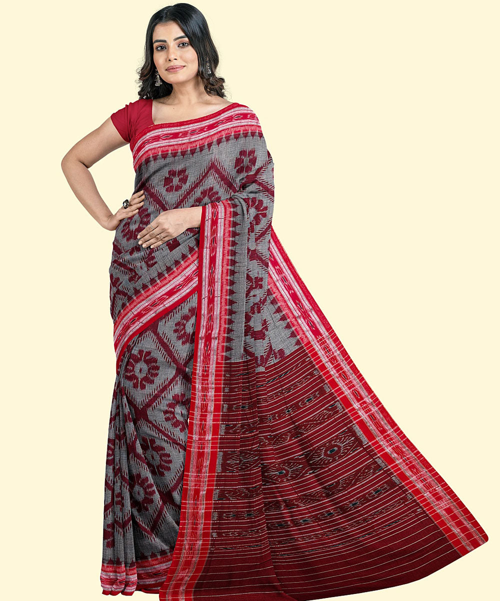 Grey maroon cotton handwoven nuapatna saree