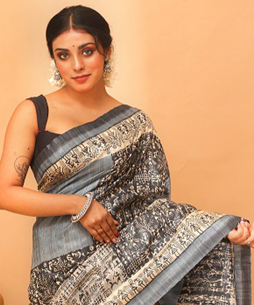 Grey black chhattisgarh handloom tussar silk saree