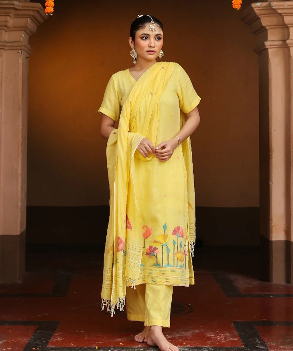Handloom yellow cotton jamdani kurta set with dupatta
