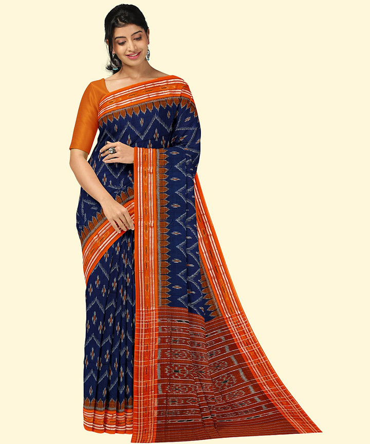 Navy blue orange cotton handwoven nuapatna saree