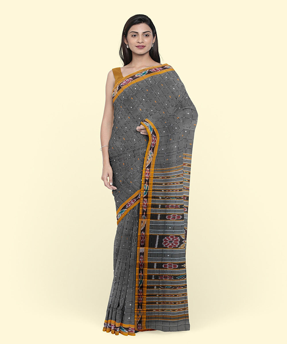 Grey yellow cotton handwoven nuapatna saree