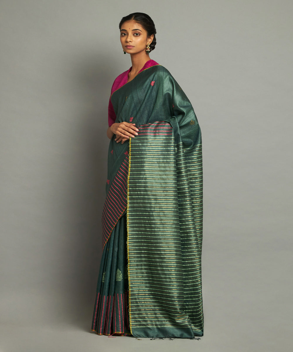 Dark green tussar silk handwoven chhattisgarh kosa saree