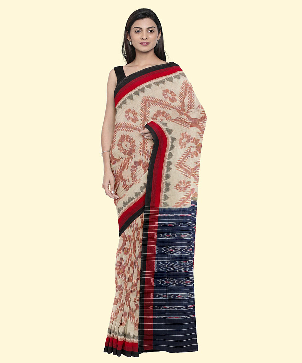 Beige black cotton handwoven nuapatna saree