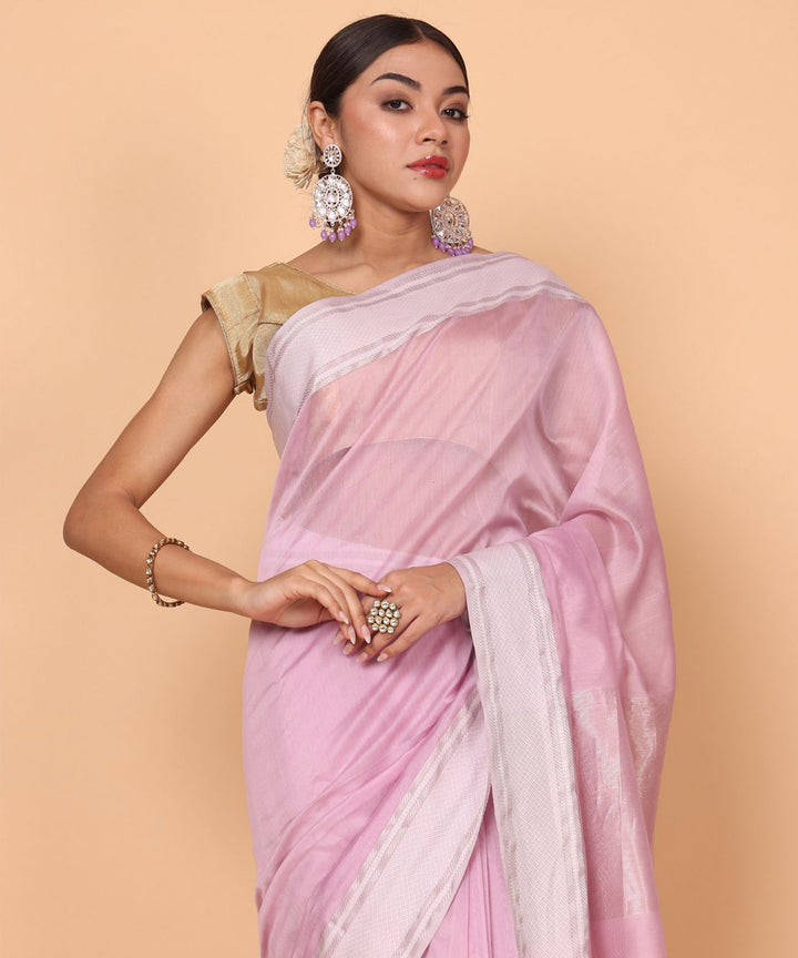 Pink offwhite cotton silk handloom maheshwari saree