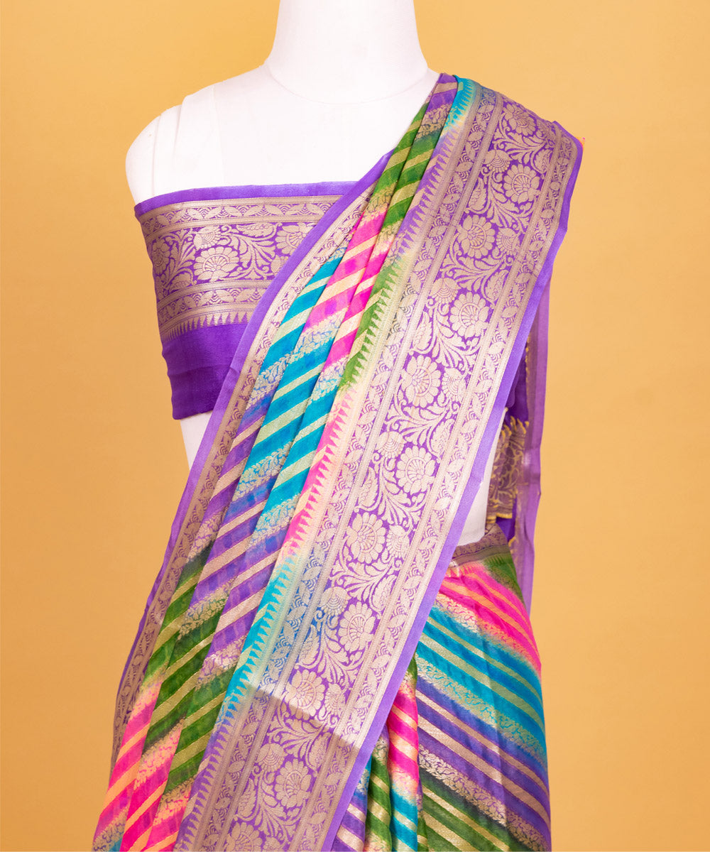 Multicolor diagonal handwoven stripe banarasi silk saree