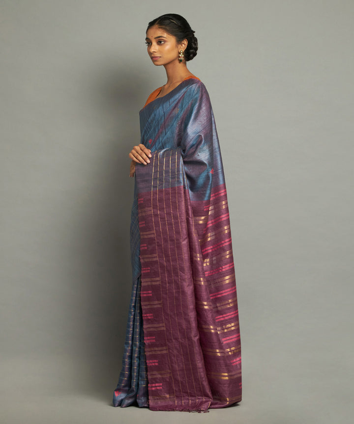 Deep blue tussar silk handwoven chhattisgarh kosa saree