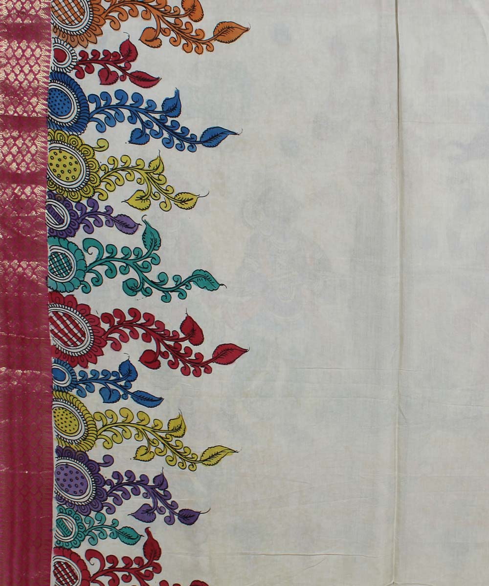 Offwhite multicolour cotton silk hand painted kalamkari saree