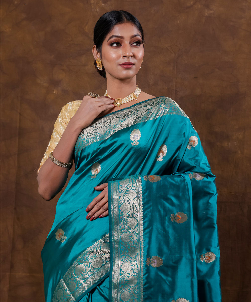 Turquoise booti silk handwoven banarasi saree