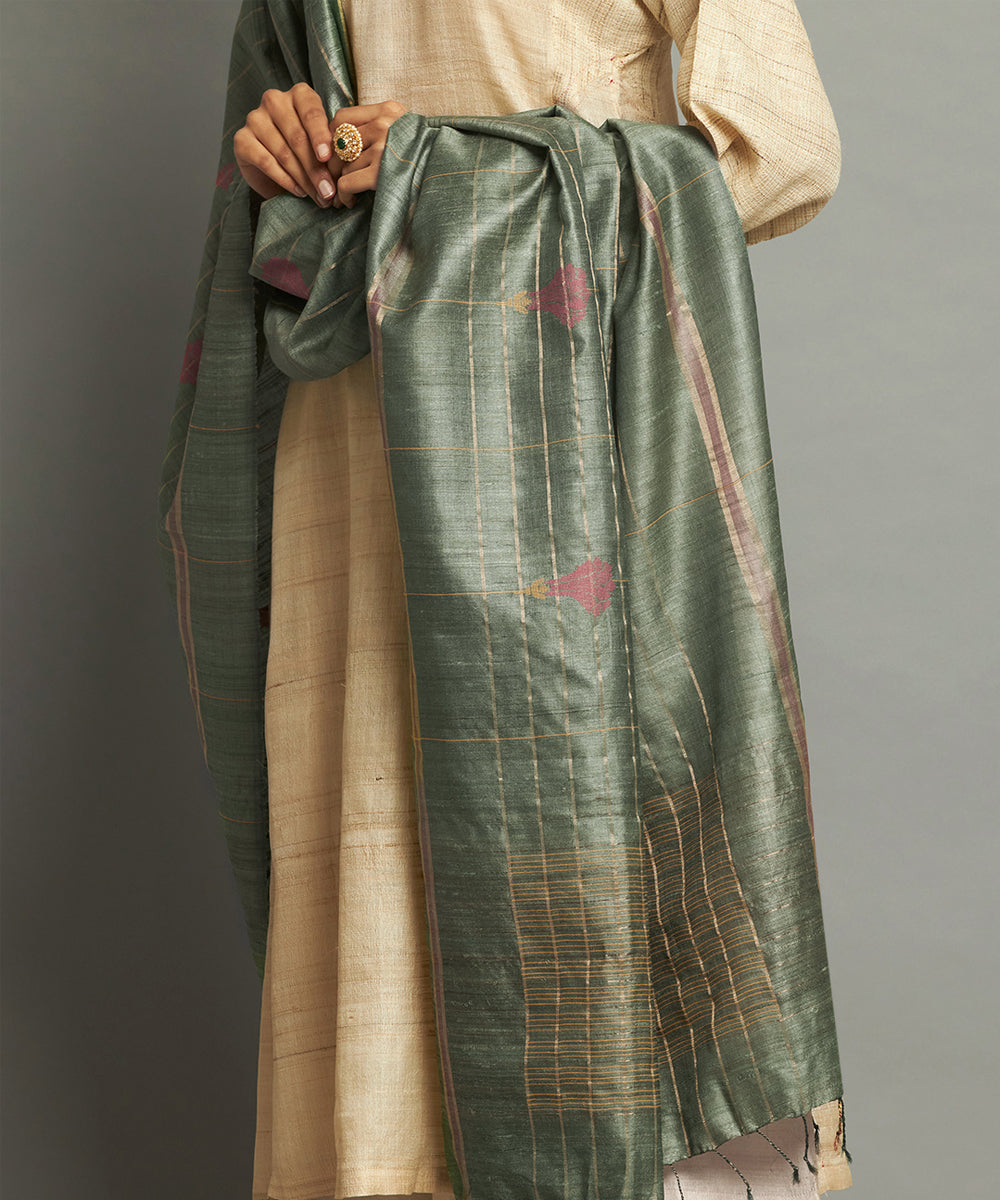 Mint green tussar silk handwoven kosa dupatta