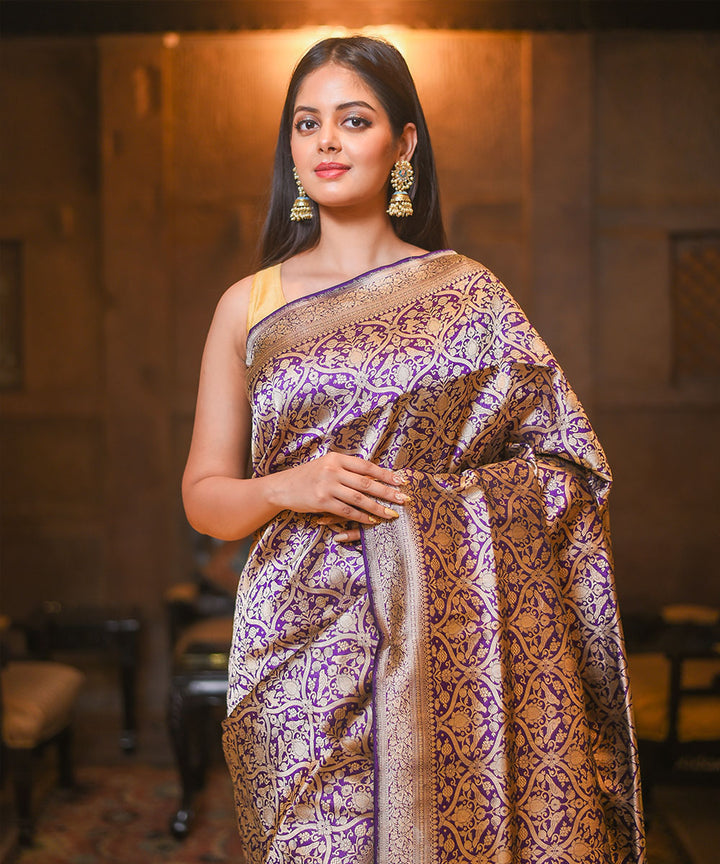 Navy blue handwoven silk banarasi saree