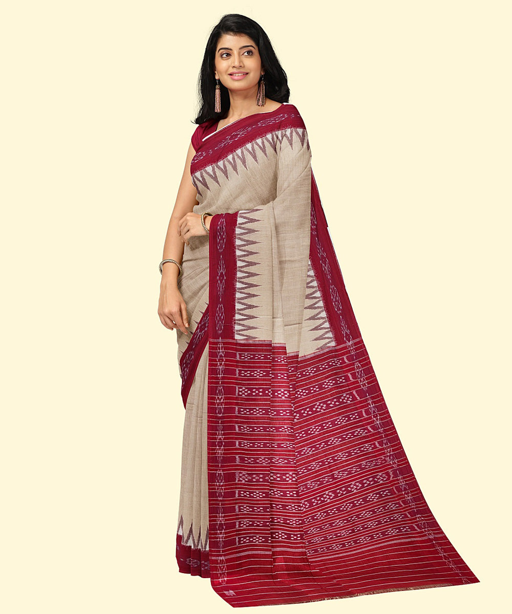 Offwhite red cotton handwoven nuapatna saree