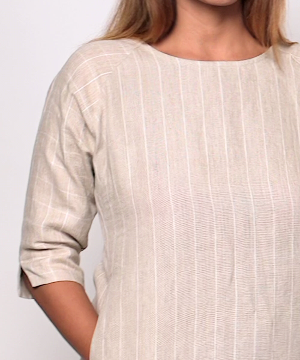 Beige stripes checks handwoven linen dress