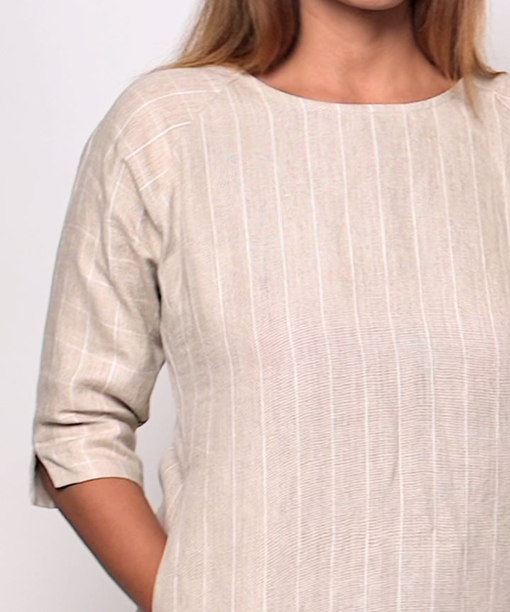 Beige stripes checks handwoven linen dress