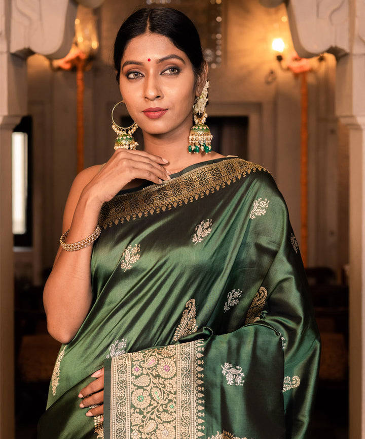 Dark green boota silk handwoven banarasi saree