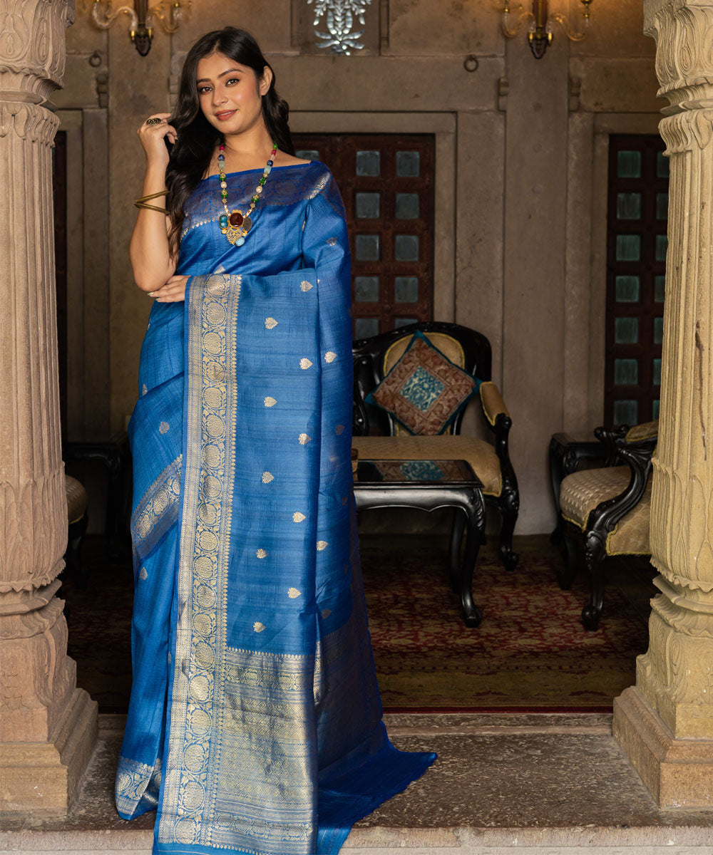 Denim blue silk handwoven banarasi saree