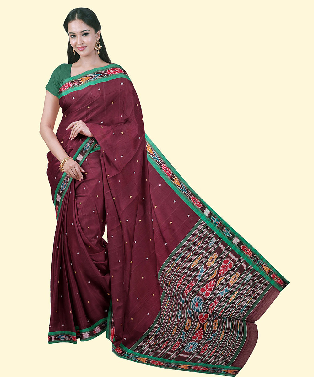 Maroon light green cotton handwoven nuapatna saree