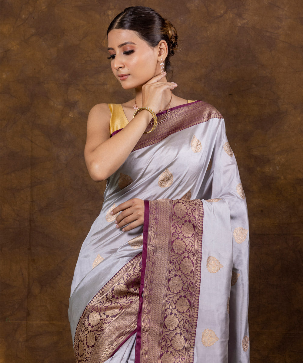 Grey silk purple handwoven banarasi saree