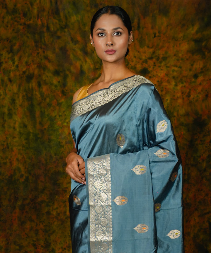 Turquoise boota silk handwoven banarasi saree