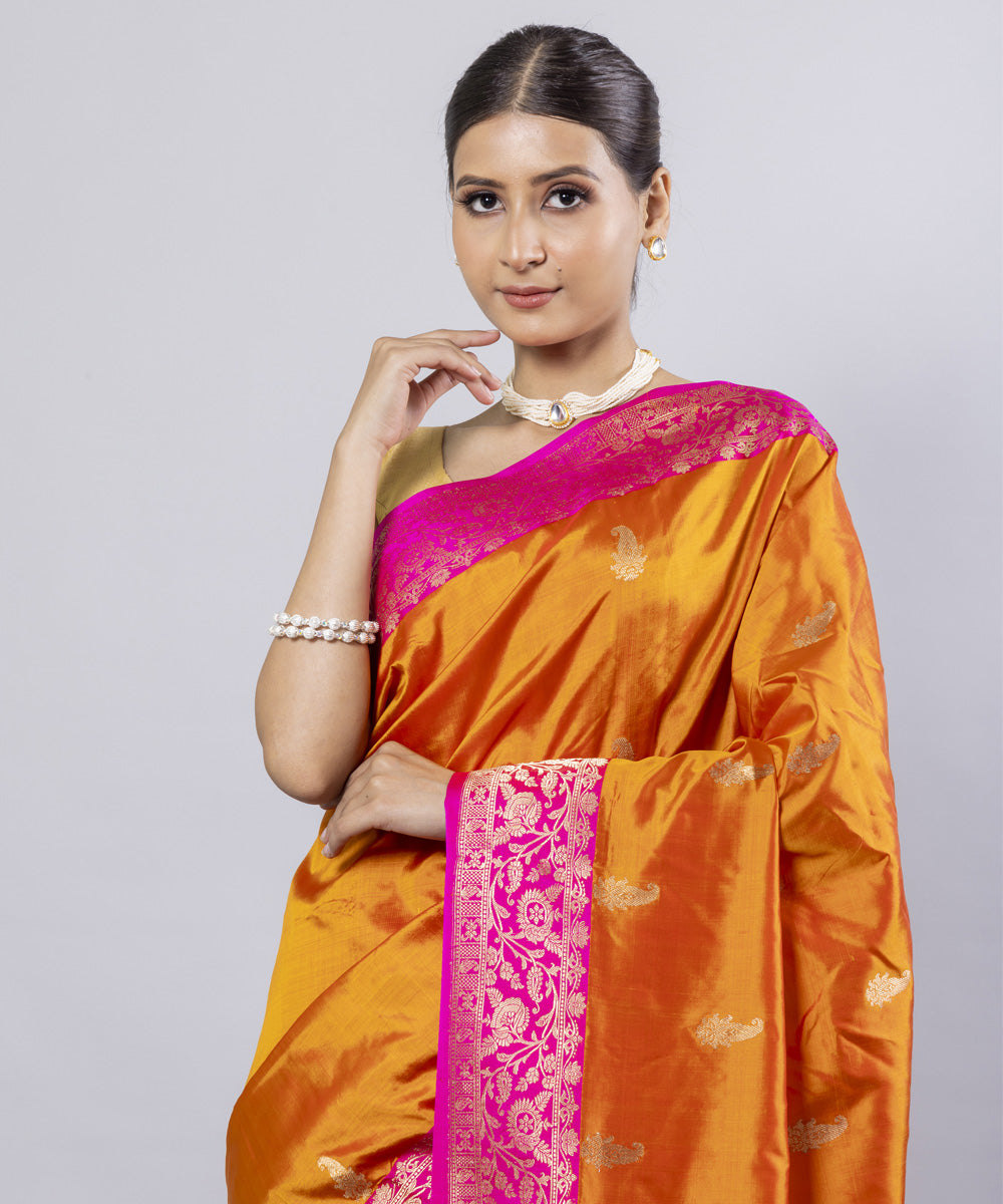 Mustard pink border silk handwoven banarasi saree