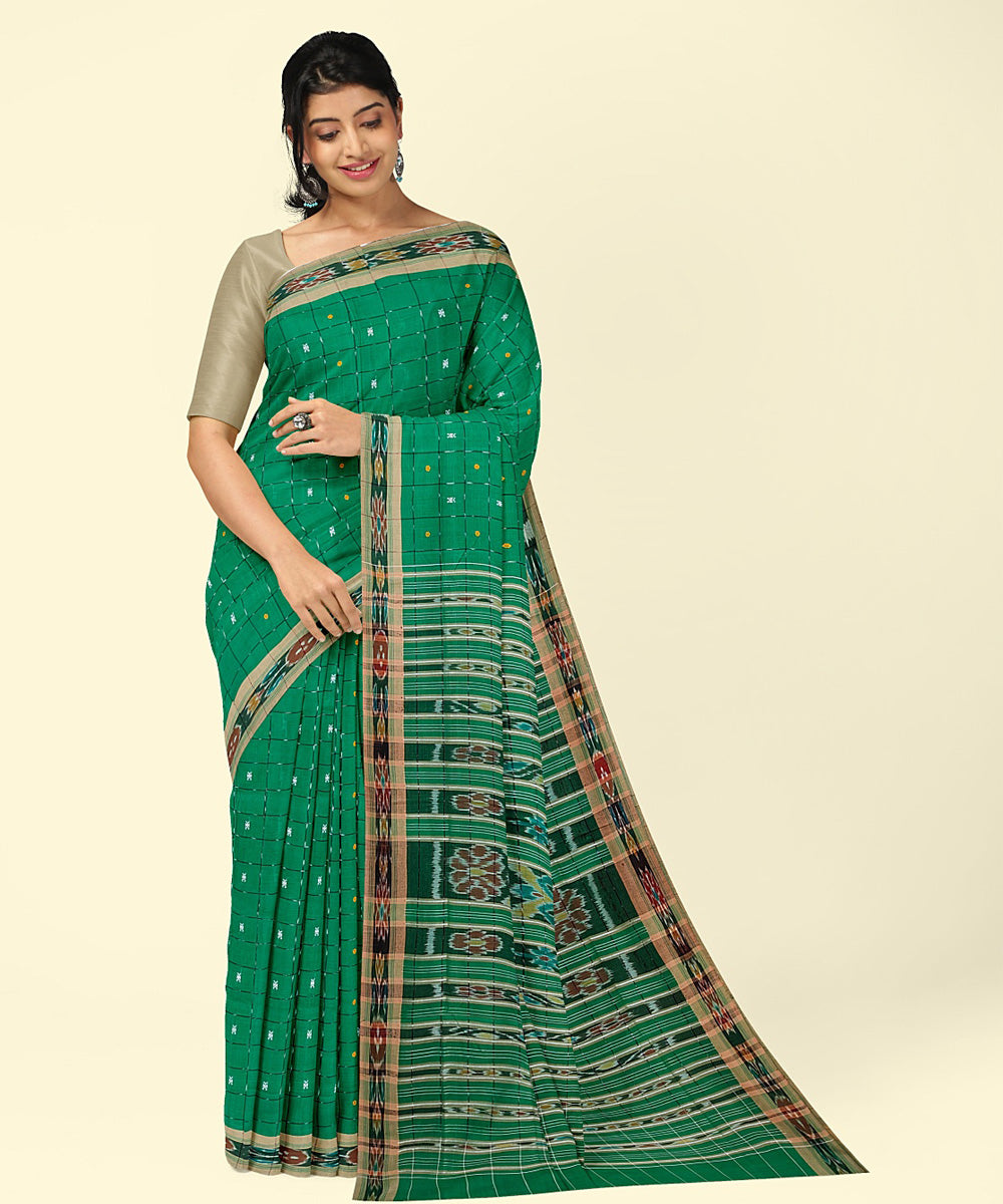 Lime green brown handwoven nuapatna cotton saree