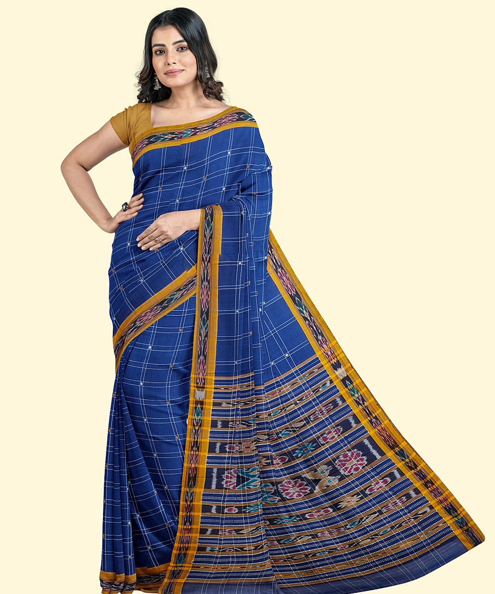 Navy blue yellow handwoven cotton nuapatna saree