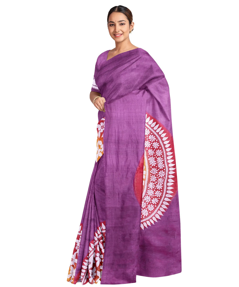 Purple silk handwoven kantha stitch saree