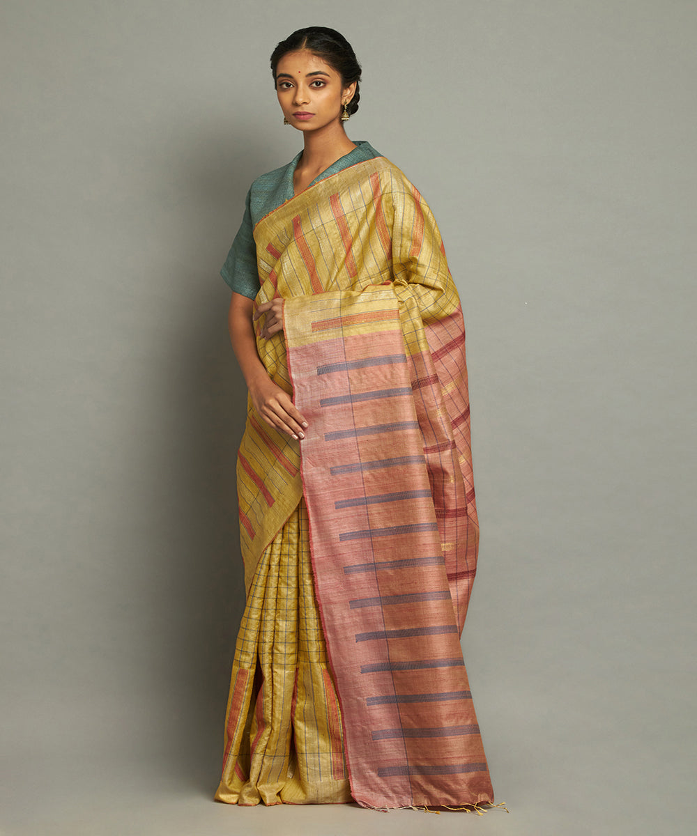Yellow tussar silk hand loom chhattisgarh kosa saree