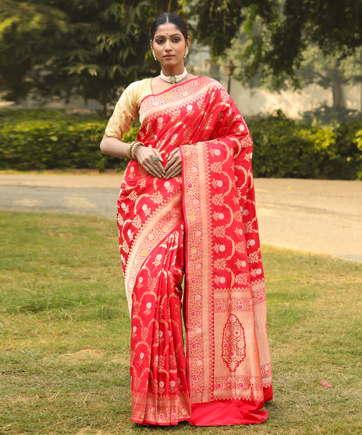 Red jangla silk handwoven banarasi saree