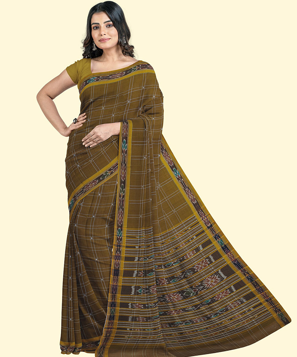 Brown mustard cotton handwoven nuapatna saree