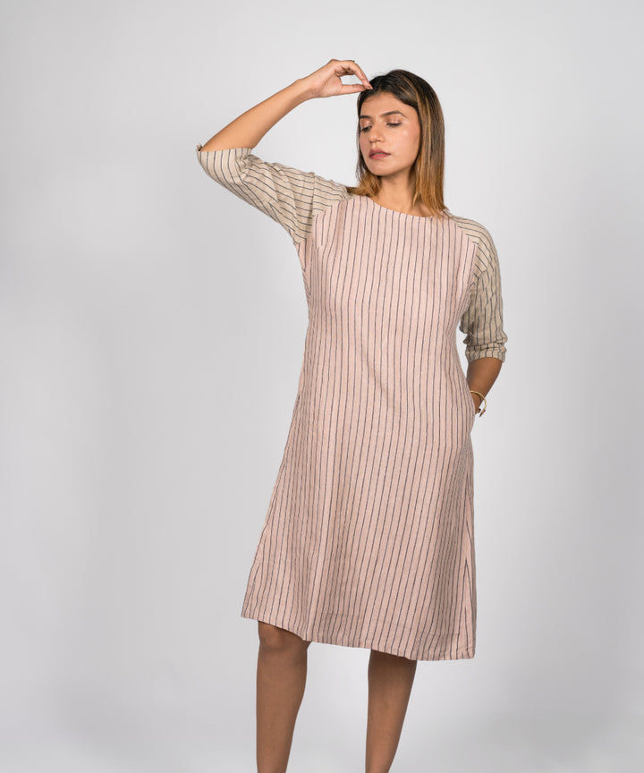 Beige and pink stripes handwoven linen dress