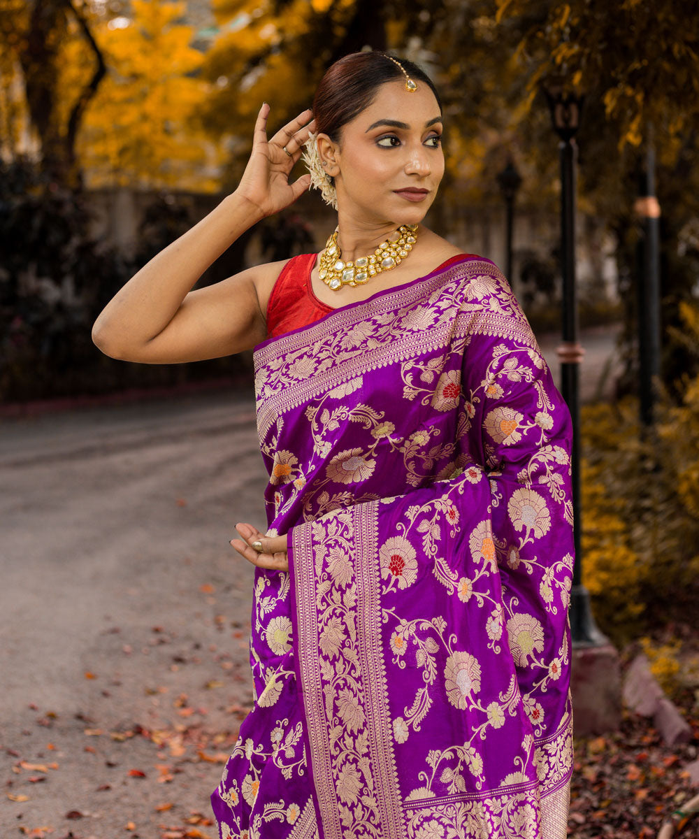 Purple jangla handwoven banarasi silk saree