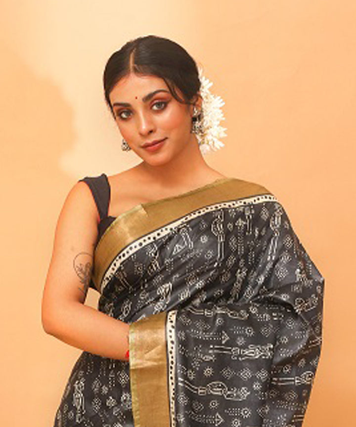 Black chhattisgarh tussar silk handwoven saree