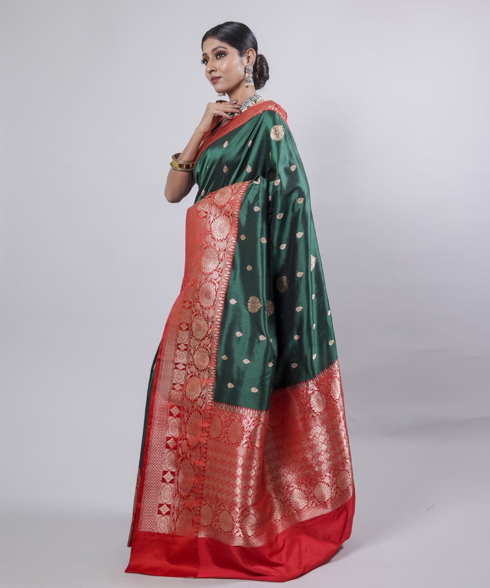 Dark green red border silk handwoven banarasi saree