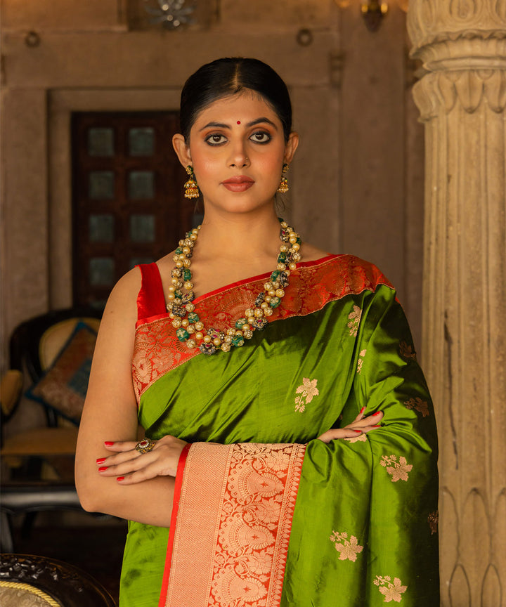 Parrot green silk handwoven banarasi saree