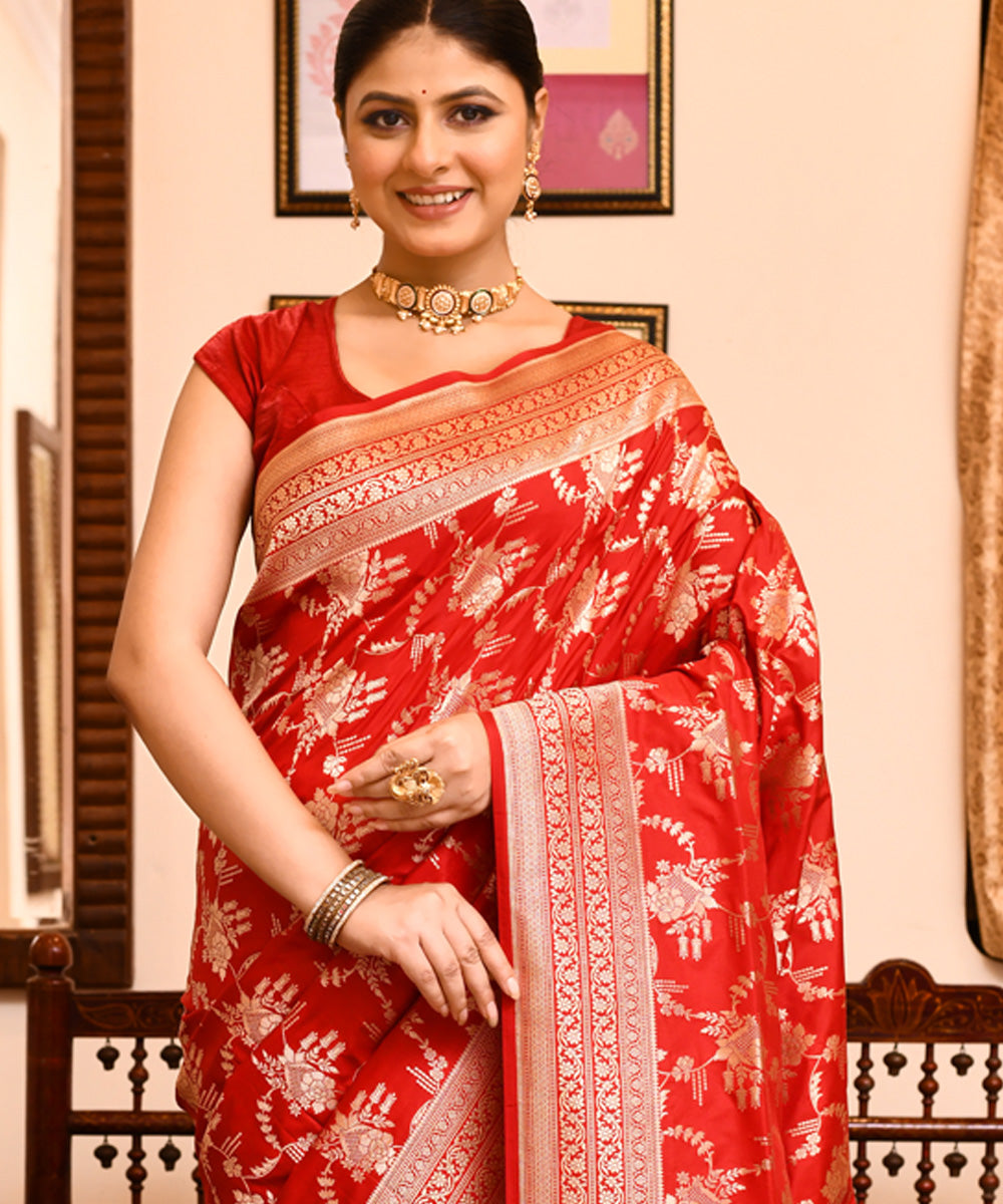 Red silver silk handwoven banarasi saree