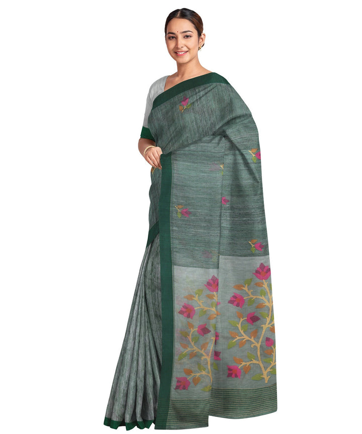 Dark green silk handwoven jamdani saree