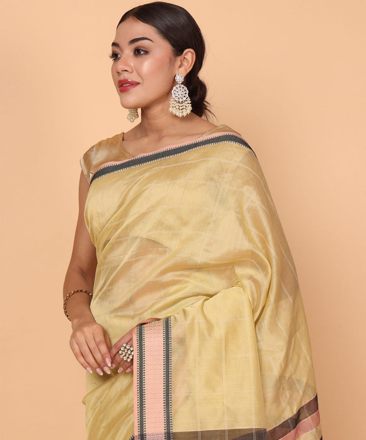 Gold striped pallu cotton silk handloom maheshwari saree