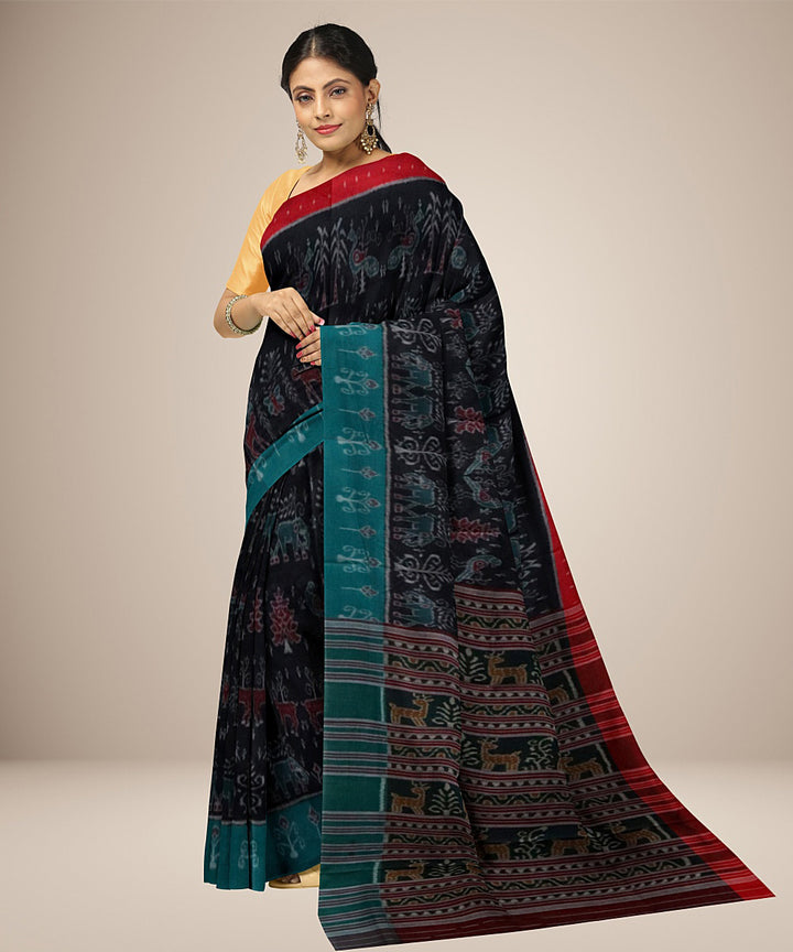 Black multicolour animal motif cotton handwoven nuapatna saree