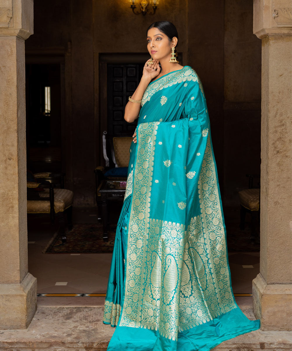 Sea turtle green handwoven silk banarasi saree – GoSwadeshi