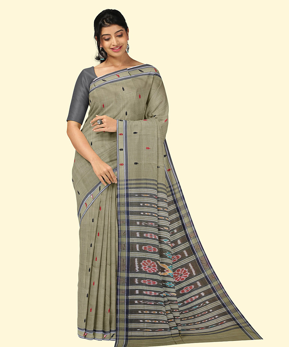 Olive green grey cotton handwoven nuapatna saree