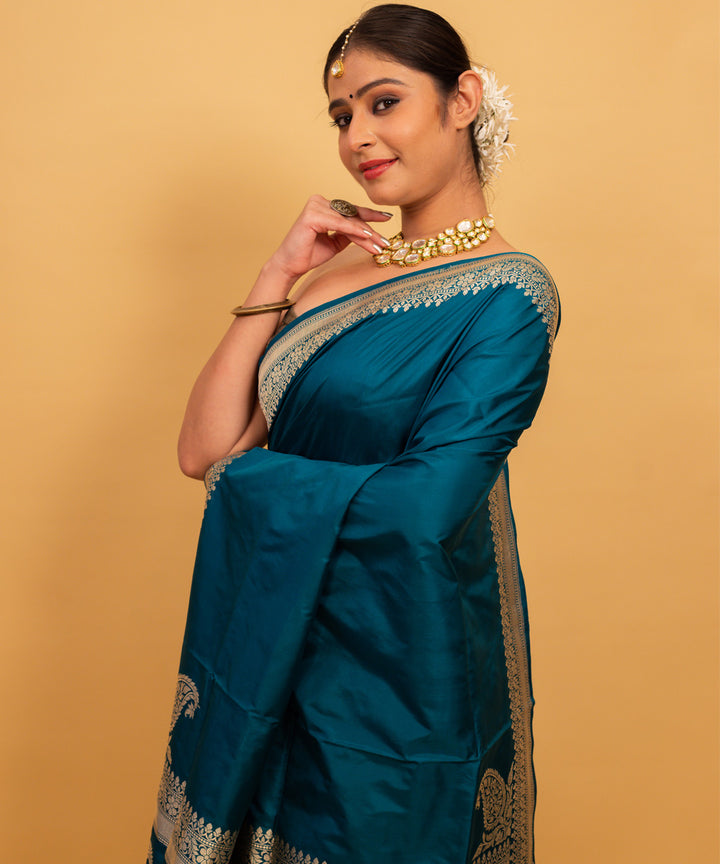 Teal green plain silk handwoven banarasi saree