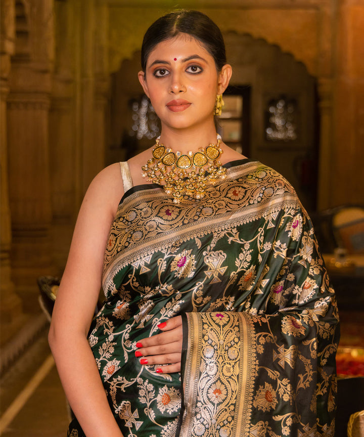 Bottle green handwoven silk banarasi saree