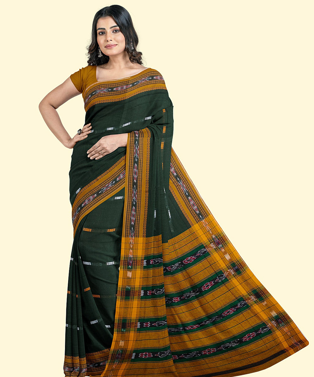 Dark green yellow cotton handwoven nuapatna saree