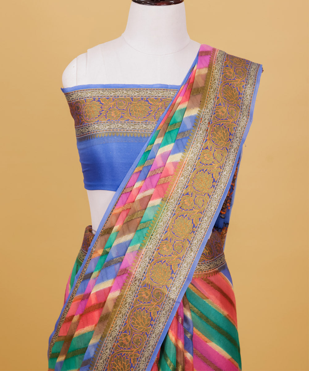 Multicolor diagonal stripe handwoven banarasi silk saree