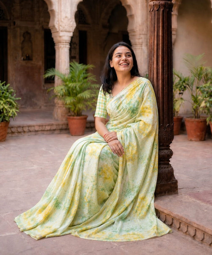 Lime green yellow chanderi silk tie-dye saree