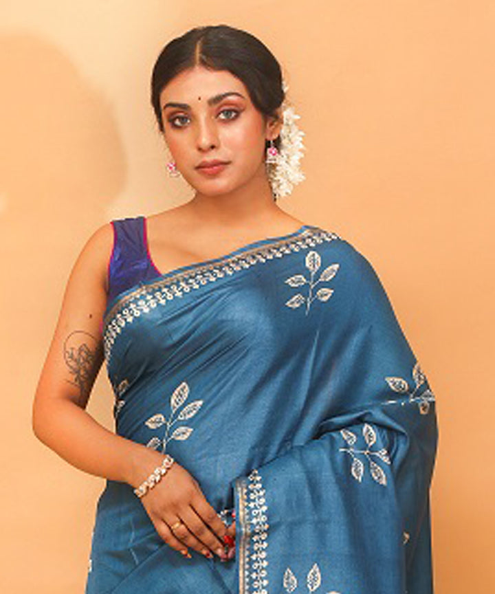 Turquoise blue chhattisgarh handloom tussar silk saree