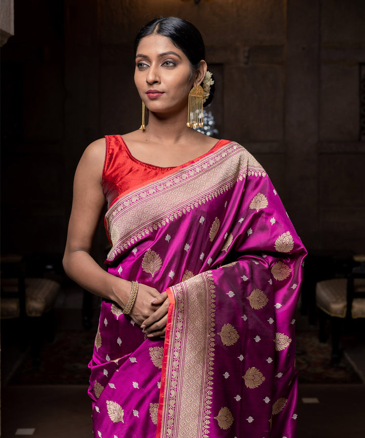 Purple boota silk handwoven banarasi saree