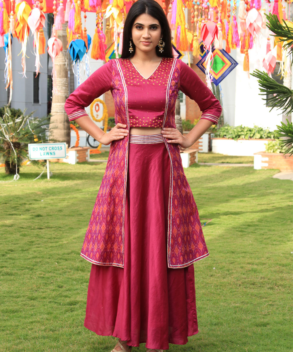 Pink hand embroidery, chanderi, handwoven ikat lehenga set